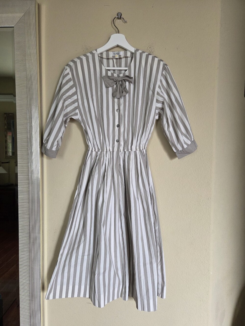 Voir Vintage Vtg Striped Bow Tie Midi Dress in Taupe and White